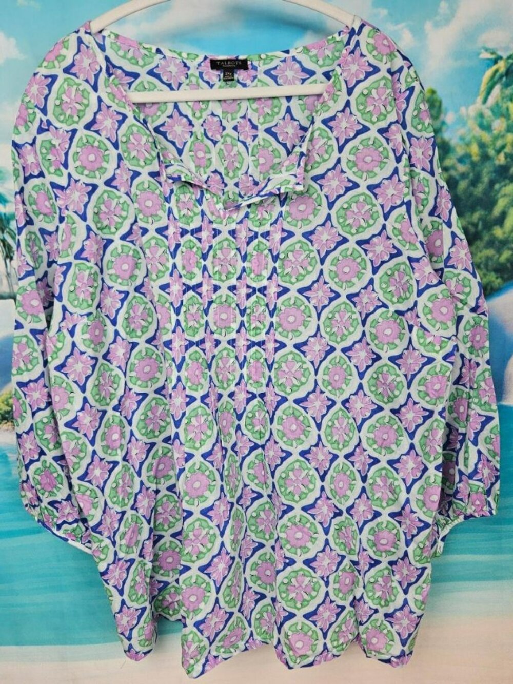Floral Print Cotton Blouse Shirt Womens Plus Sized Petite 2XP Talbots Geometric
